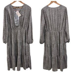 Fashion Brown White Leopard Print Tiered Surplice Long Sleeve Maxi Dress XL NEW